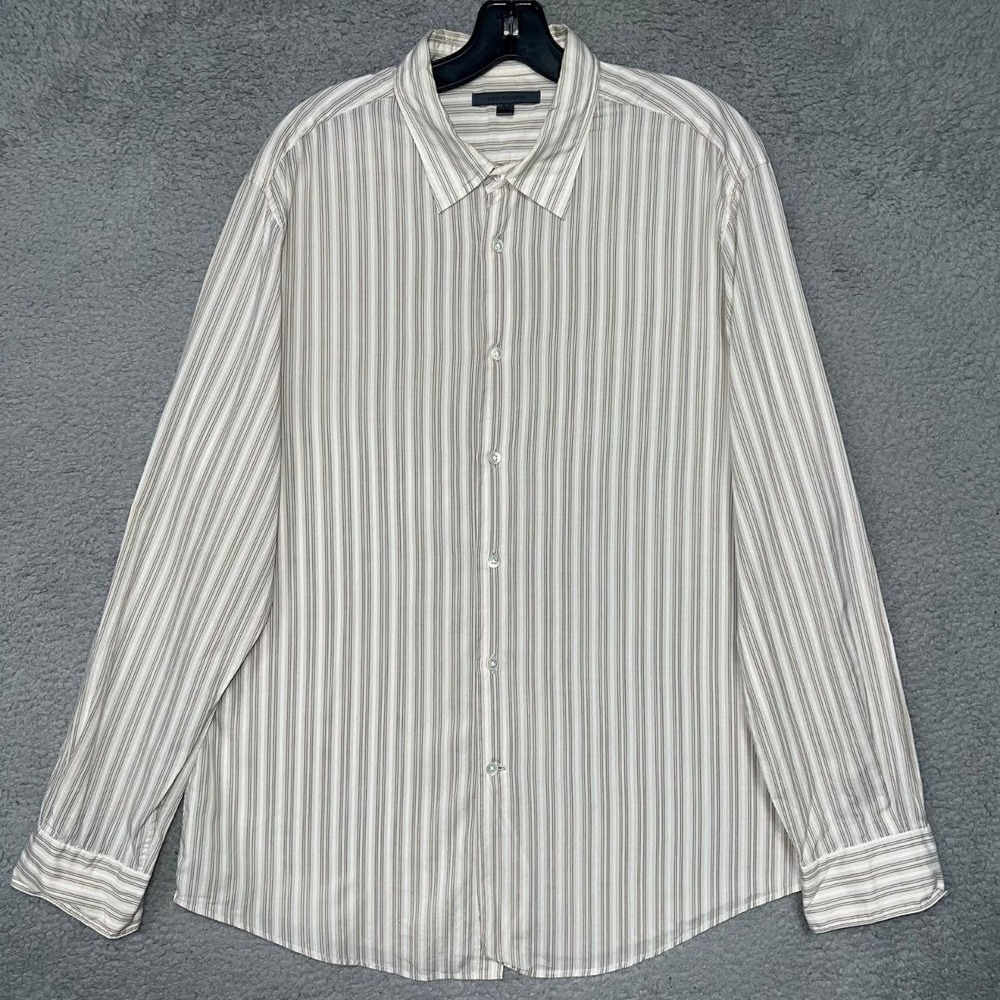 VTG John Varvatos Shirt Men's Size L Beige Striped Button Down Made In Hong Kong
